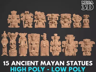 15 Ancient Mayan Statues - 250120 Low-poly 3D model