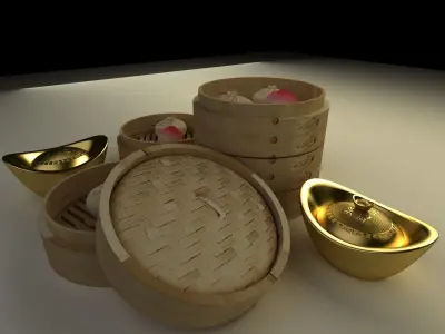 Chinese bamboo steamer with buns and yuanbaos 3D model