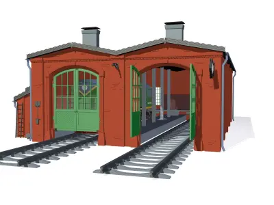 Railway depot with diesel locomotive 3D model