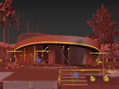 Modern Curved Villa Exterior with Pool and Night Lighting Low-poly 3D model