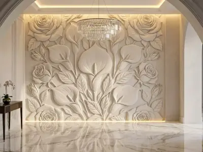 Modern Floral Relief Panel Wall Decor Set STL Mural CNC 312 3D model