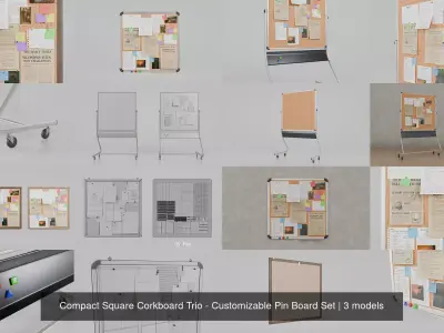 Compact Square Corkboard Trio - Customizable Pin Board Set 3D Model Collection