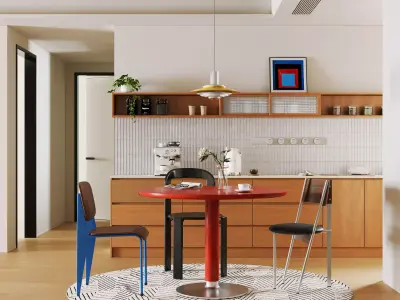 Colorful Modern Kitchen Dining Set with Red Round Table 3D model