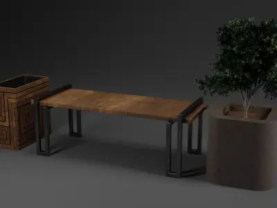 Bench Plants Spiral Urns Low-poly 3D model