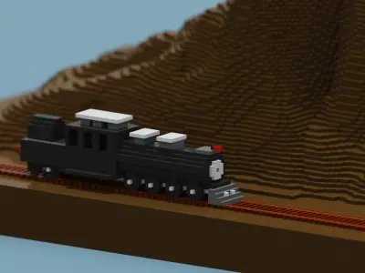 Voxel Train and Mountain Low-poly 3D model