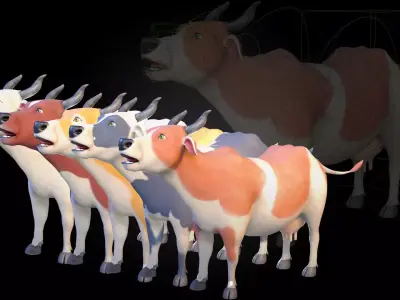 Stylized Cow Family Pack Rigged Cow Bull Calf Low-poly 3D model