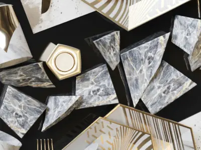 Modern kitchen service with gold 3D model