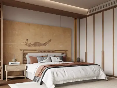 Modern Oriental Bedroom with Zen Wooden Wall Mural 3D model