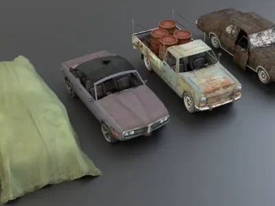 4 Old Rusty cars mini pack Low-poly 3D model