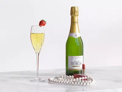 A bottle of champagne with glass next to pearls and red lipstick 3D model