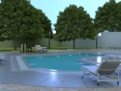 waterpool swimming pool with lounge chairs and trees 3D model