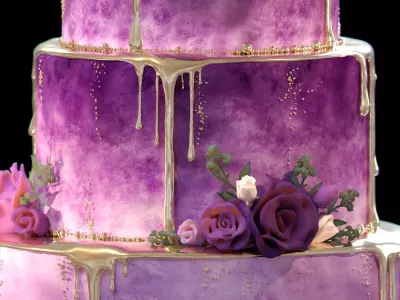 Luxury Wedding Cake with Flowers  Tiered Floral Purple  Gold Low-poly 3D model