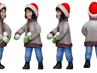 001357 girl in red winter hat snowballs in hands 3D model