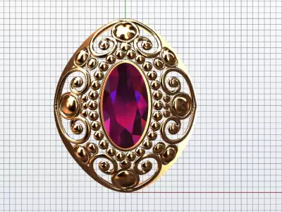 pendant ornate gold ring with stone 3D model