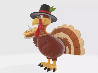 Thanksgiving Turkey Figurine with Pilgrim Hat and Pumpkin Pie  3D print model