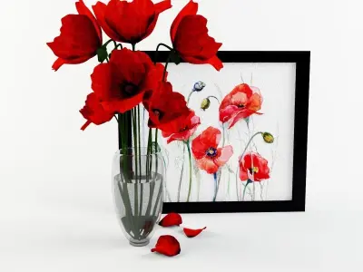 Poppy flowers in vase 3D model