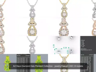 Art Deco Diamond Halo Pendant Collection - jewelry Design CAD 3D Model Pack