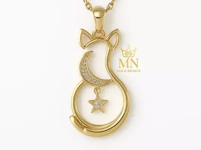 Golden Cat Moon and Star Pendant 3D print model