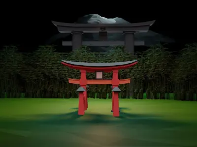 Japanese Torri Gate 3D Model Set of 6 Game Ready Low-poly 3D model