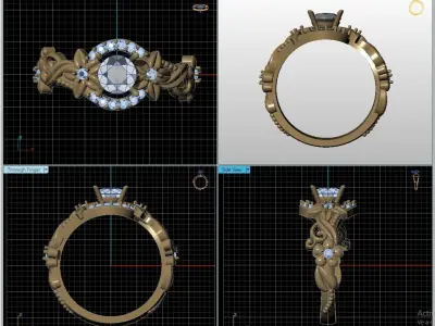 gold ring jewelry flower and leaf 3D print model