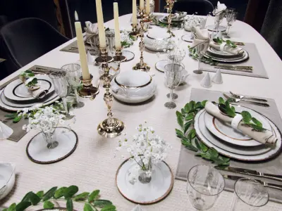 Tableware table setting with silverware and candlesticks 3D model