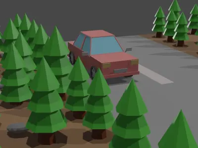 low poly jungle and road and car Low-poly 3D model