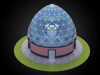 Dome triangulated glass panels and wire-frame structure w base 3D model