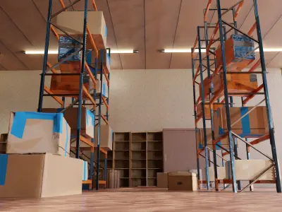 Warehouse full of boxes and Koenigsegg rigged car 3D model