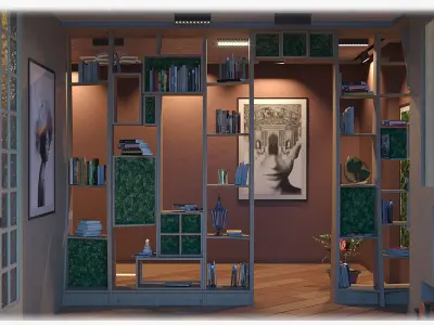 Wooden bookcase with moss inserts 3D model