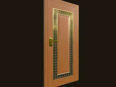 Ornamental Wooden Door with Golden Frame and Patterned Glass 3D model