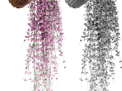 Hanging plants in wicker pots v2 3D model