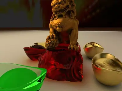 Chinese gold ingot with lion status 3D model