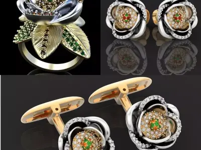 set  ring earrings cufflinks rose with stones 3D Model Pack