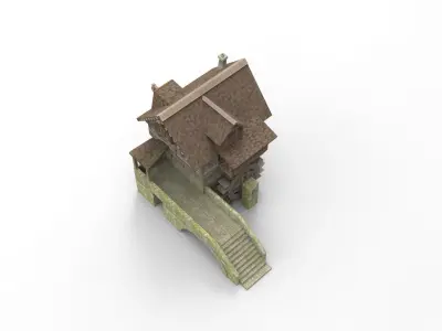 medieval house with a water mill Low-poly 3D model