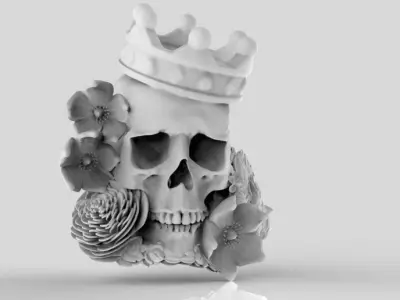 Detailed Realistic Jewelery element Man Skull Flowers and Crown 3D print model