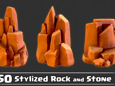 50 Stylized Rock and Stone Game Ready and IMM Brush Low-poly 3D model
