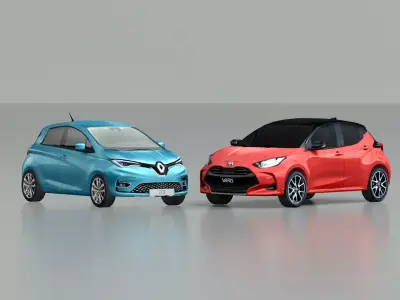 Set of Toyota Yaris 2020 and Renault Zoe Low-poly 3D model