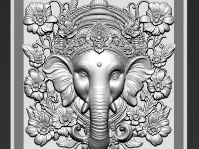 Ganesha Head with Flowers Background A5 3D print model