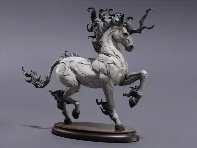 Fantasy Mythical Horse Sculpture Dark Magic Steed Horns Flames Low-poly 3D model