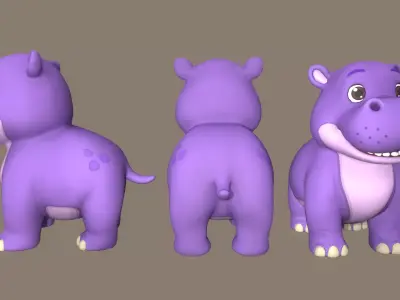 Rigged Cute Playful Violet Hippo Low-poly 3D model