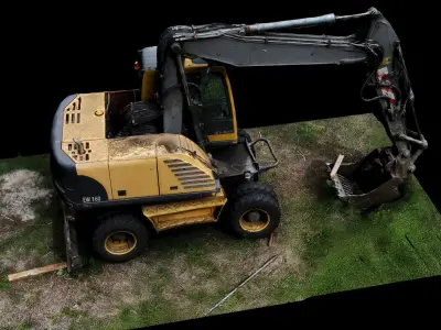 construction-site excavator on wheels drone photogrammetry 3D model