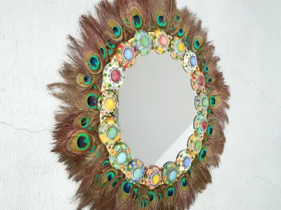 Maximalist Gemmed Cloisonne Wreath Mirror With Peacock 3D model
