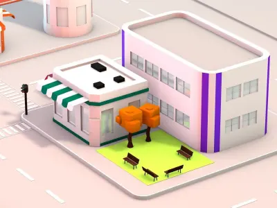 Low Poly City with buildings and trees Low-poly 3D model