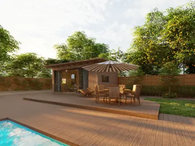 Modern Backyard Cabin with Pool and Outdoor Living Low-poly 3D model