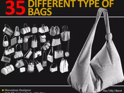 35 DIFFERENT TYPE OF BAGS BACKPACK BRIEFCASE PURSE Low-poly 3D model