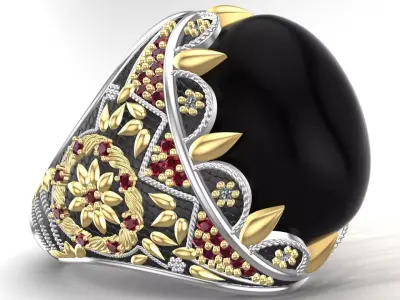 Turkish King Crown Black Onyx Silver Men Ring 3D print model