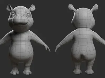 Cartoon Hippo II Basemesh  Low-poly 3D model