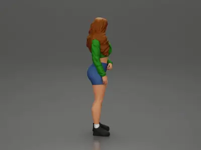 sporty happy girl standing in mini jacket short with long hair 3D print model