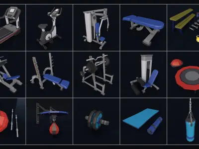 Poly Gym Equipments Pack Collection Low-poly 3D model