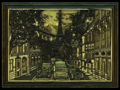 Paris Panno with Classic Cars STL File for CNC Relief engraving 3D model